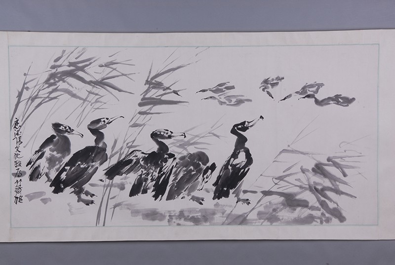 现代孙竹篱鱼鹰图横披